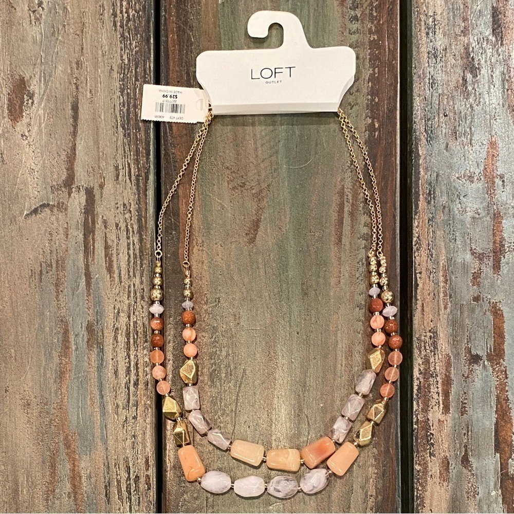 Loft NWT Outlet Beaded Faux Stone Necklace Goldtone Apricot Gray Apprx 9.5” Drop
